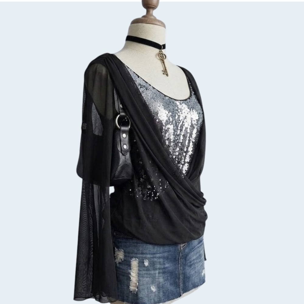 Black Sequin Draped Chiffon Mesh Long Sleeve Top LARGE Stretchy